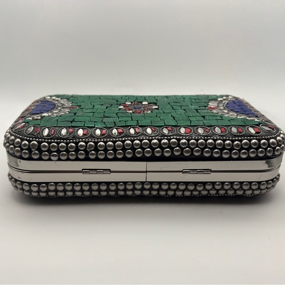 Handmade Mosaic Stone Clutch – Green Red Blue Inlay – NEW Artisanal Evening Bag - Picture 8 of 10